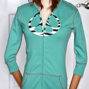 Rare Vintage Y2K Lucky Brand 3/4 Sleeve Peace Sign Patch Hippie Zip Hoodie S